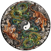 Silber Double Dragon and Double Tiger with Yin Yang  - 5 oz - Antik Finish - 2023