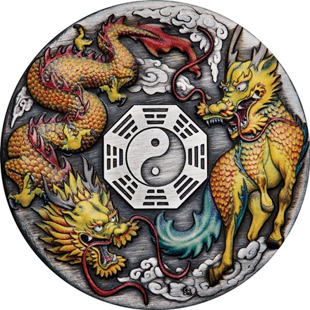 Silber Chinesische Fabelwesen "Drache & Qilin" - 2 oz - Antik Finish - in Farbe